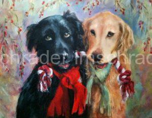 dogs, black, flat coat retriever, golden retriever, sharing, Christmas, pull toy, whimsical