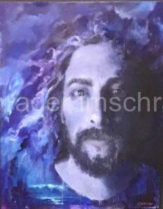 Jesus Creator, by Lynn Schrader, dramatic face of Jesus, monochromatic ocean and sky background