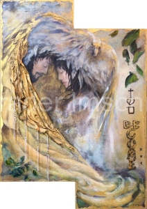 Mixed-media painting of a Wedding Couple with Gold on a shaped canvas by Lynn Schrader